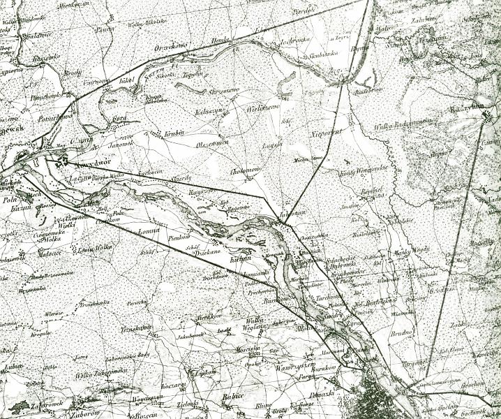 Okolice Warszawy Reyman 1874.jpg - Okolice Warszawy Reyman 1874 - ostatnia mapa ze starym przebiegiem kanau Krlewskiego oznaczonego tutaj jako rzeka Duga