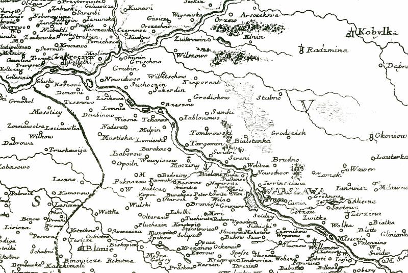 von Pfaua 1771_1.jpg - Mapa okolic Warszawy von Pfaua z 1771 roku. Wyranie zaznaczony przebieg kanau Krlewskiego zbierajcego wody z puszczaskich bagien. (powikszenie - kliknicie w dolnej czci mapy)